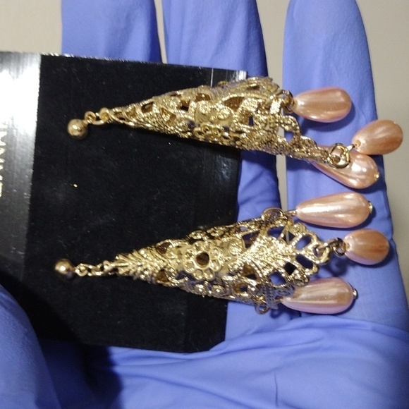 Women's Gold-tone Filigree Cone Shape Design Beaded Drop Dangle Earrings, #4 - Picture 4 of 5